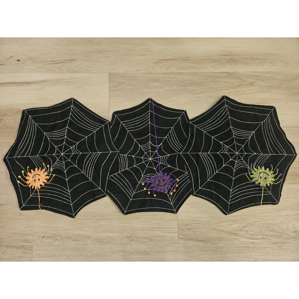 Happy Halloween Spiderweb Table Runner Embroidered Felt Spiders Black 39"